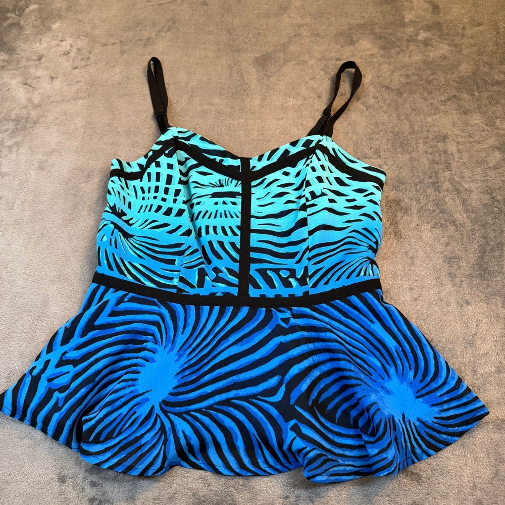 Nicole Miller Peplum Camisole Top Womens Size 8 Blue Abstract Print Strappy